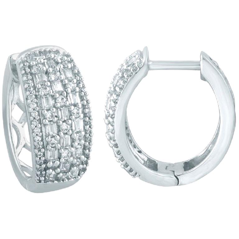 TJD 0.50 Carat Round & Baguette Diamond 14K White Gold Multi-Row Huggie Earrings