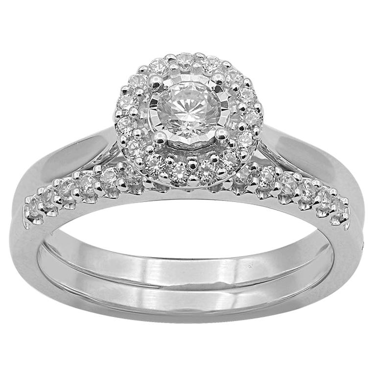 TJD 0.50 Carat Diamond 14 Karat White Gold Enhanced Centre Halo Bridal Set Ring For Sale