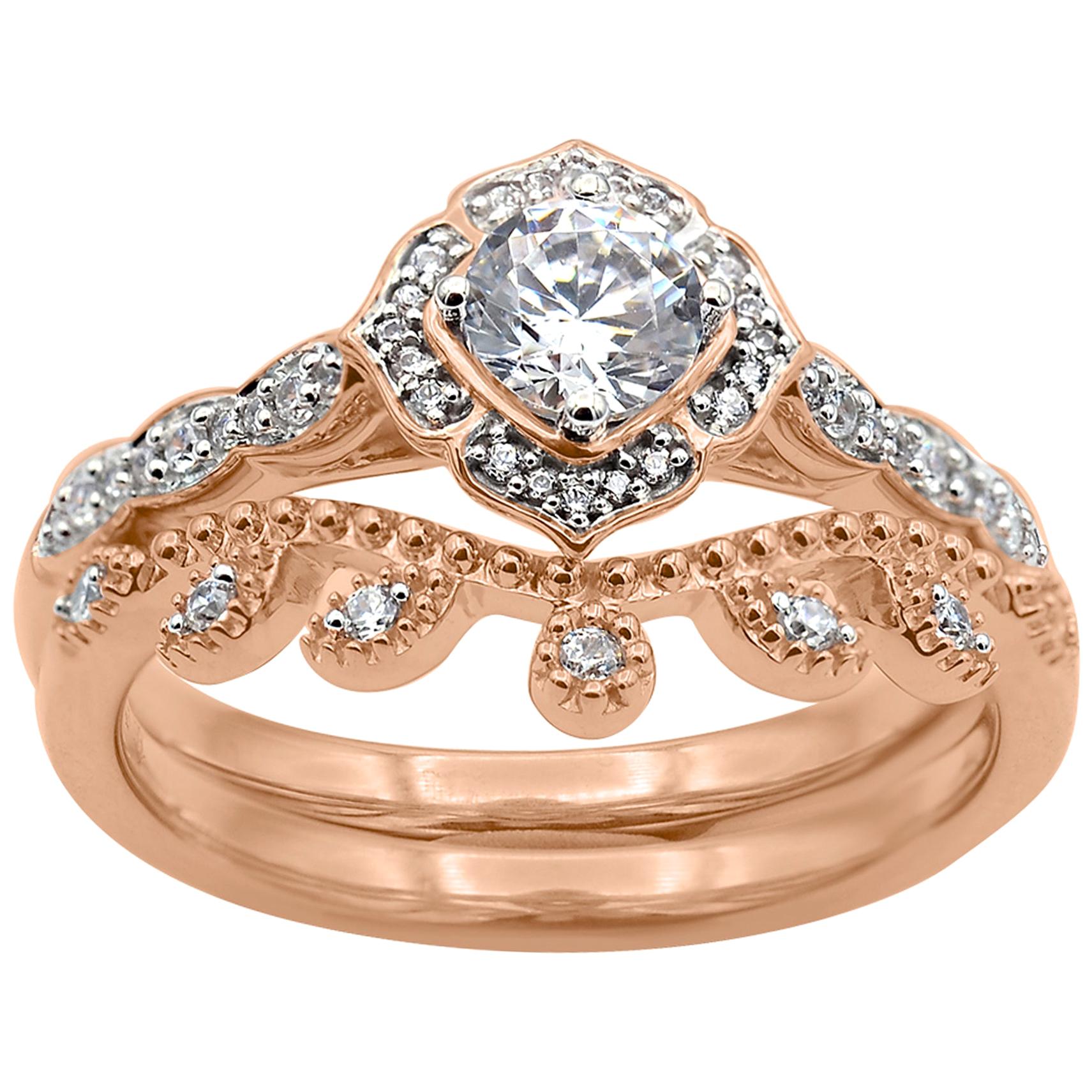 TJD 0.50 Carat Round Diamond 18 Karat Rose Gold Vintage Stackable Bridal Set For Sale