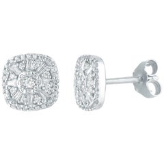 TJD 1/2Carat Round & Baguette Diamond 14K White Gold Cushion Shape Stud Earrings