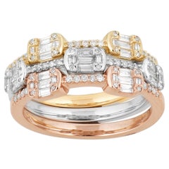 TJD 1/2Carat Round & Baguette Diamond 14K Tri-Color Gold Stackable Wedding Band