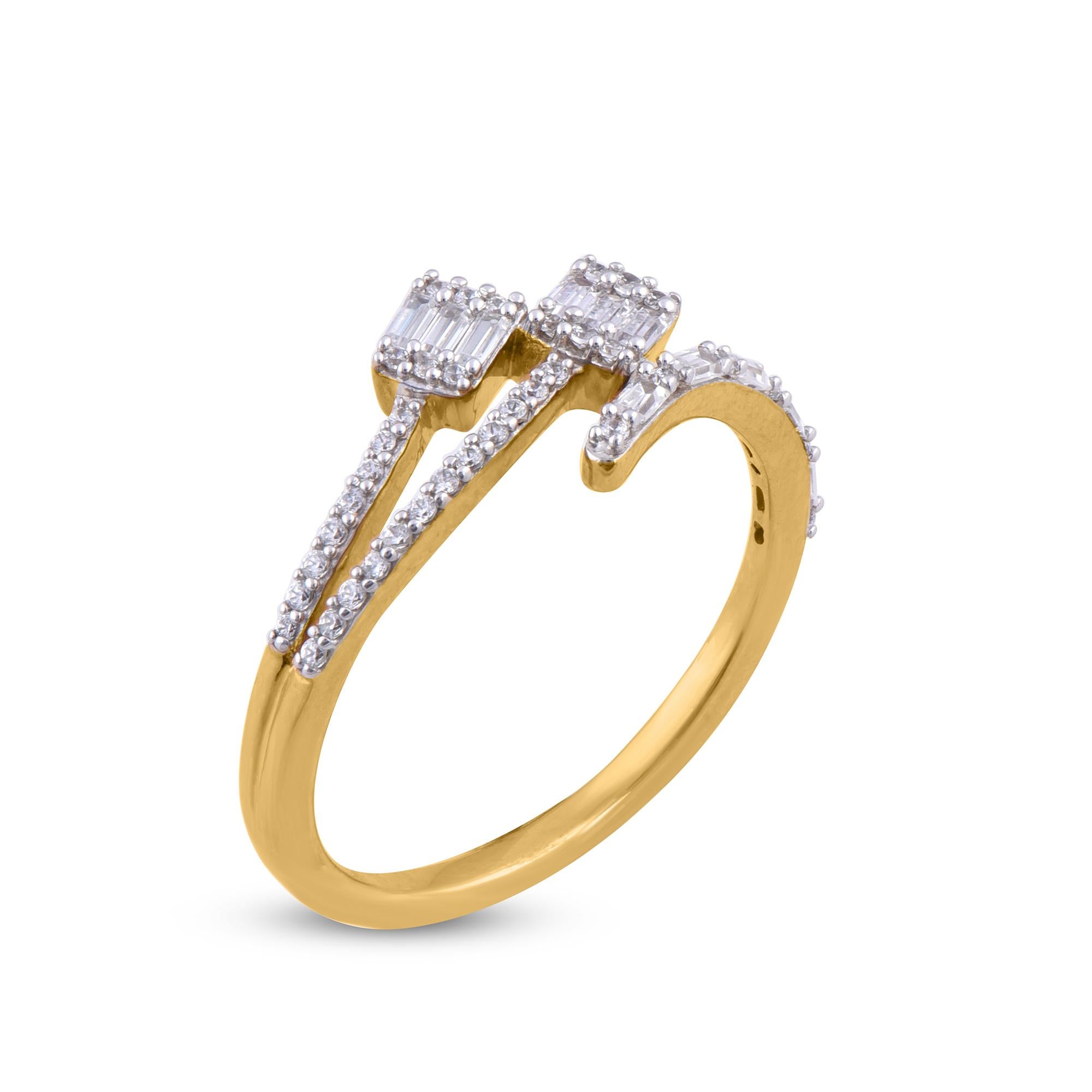 Bring charm to your look with this diamond ring. The ring is crafted from 14-karat gold in your choice of white, rose, or yellow, and features Round Brilliant 38 and Baguette - 11 white diamonds, Prong set, H-I color I2 clarity and a high polish