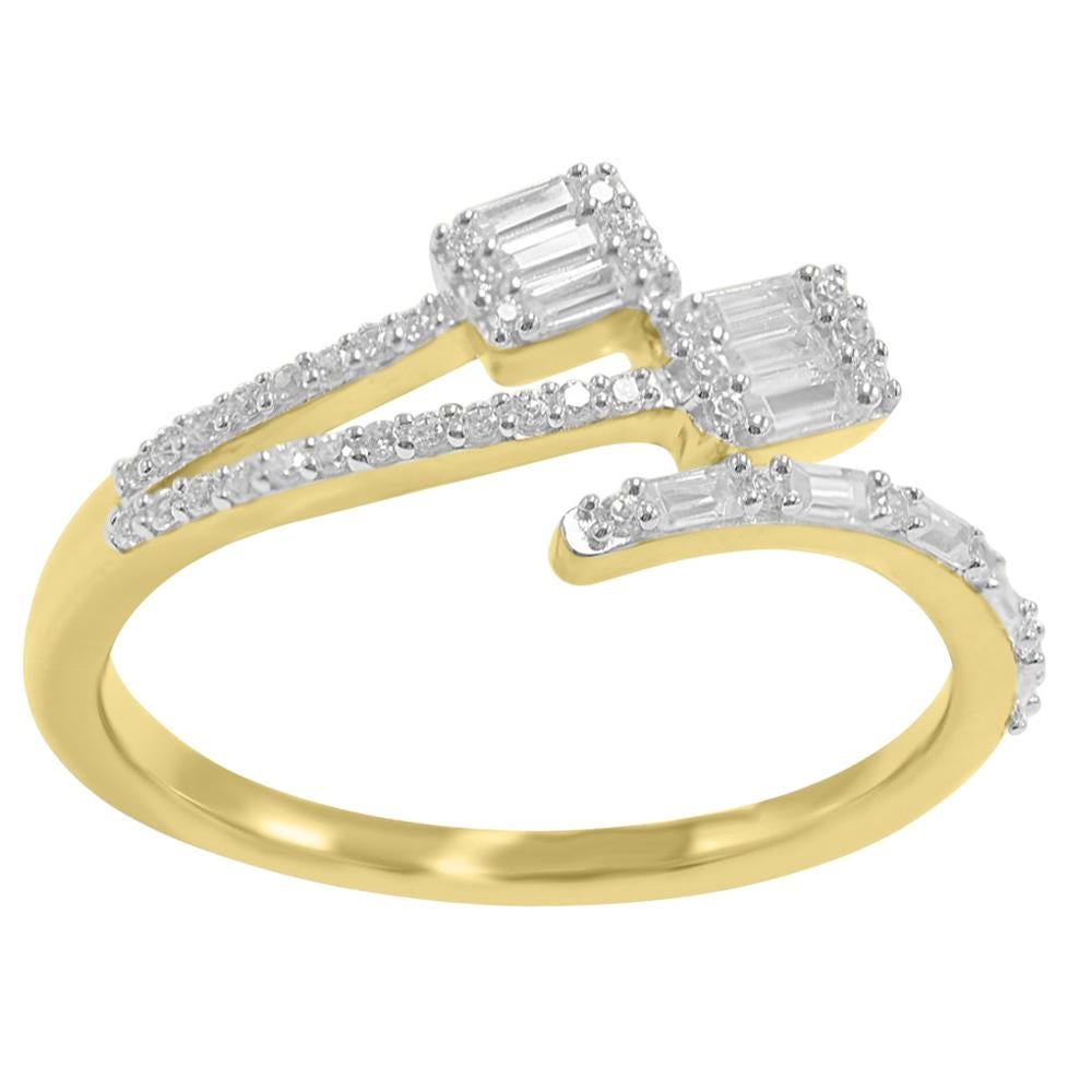 TJD 1/2 Carat Round & Baguette Diamond 14 Karat Yellow Gold Designer Bypass Ring
