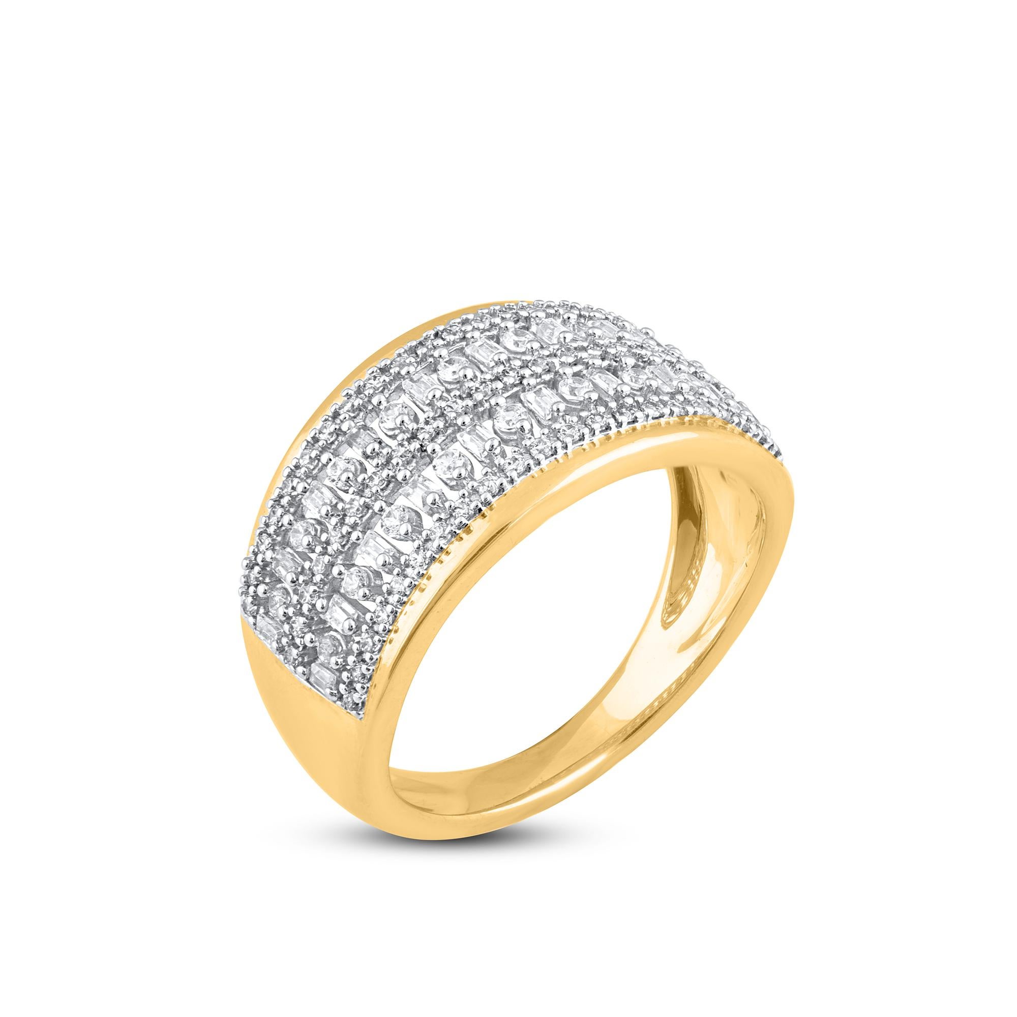 A striking addition when worn on its own, this diamond wedding band makes a stunning impression. The ring is crafted from 14-karat gold in your choice of white, rose, or yellow, and features Round Brilliant 81 and Baguette - 20 white diamonds, Micro
