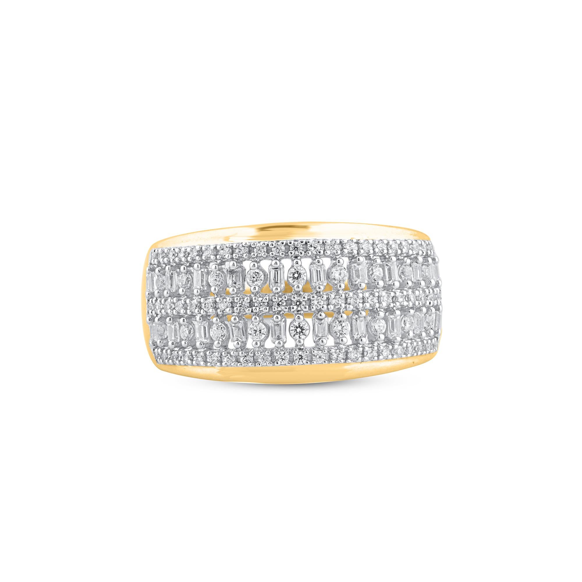 Baguette Cut TJD 0.50 Carat Round & Baguette Diamond 14 Karat Yellow Gold Multi-row Dome Ring For Sale