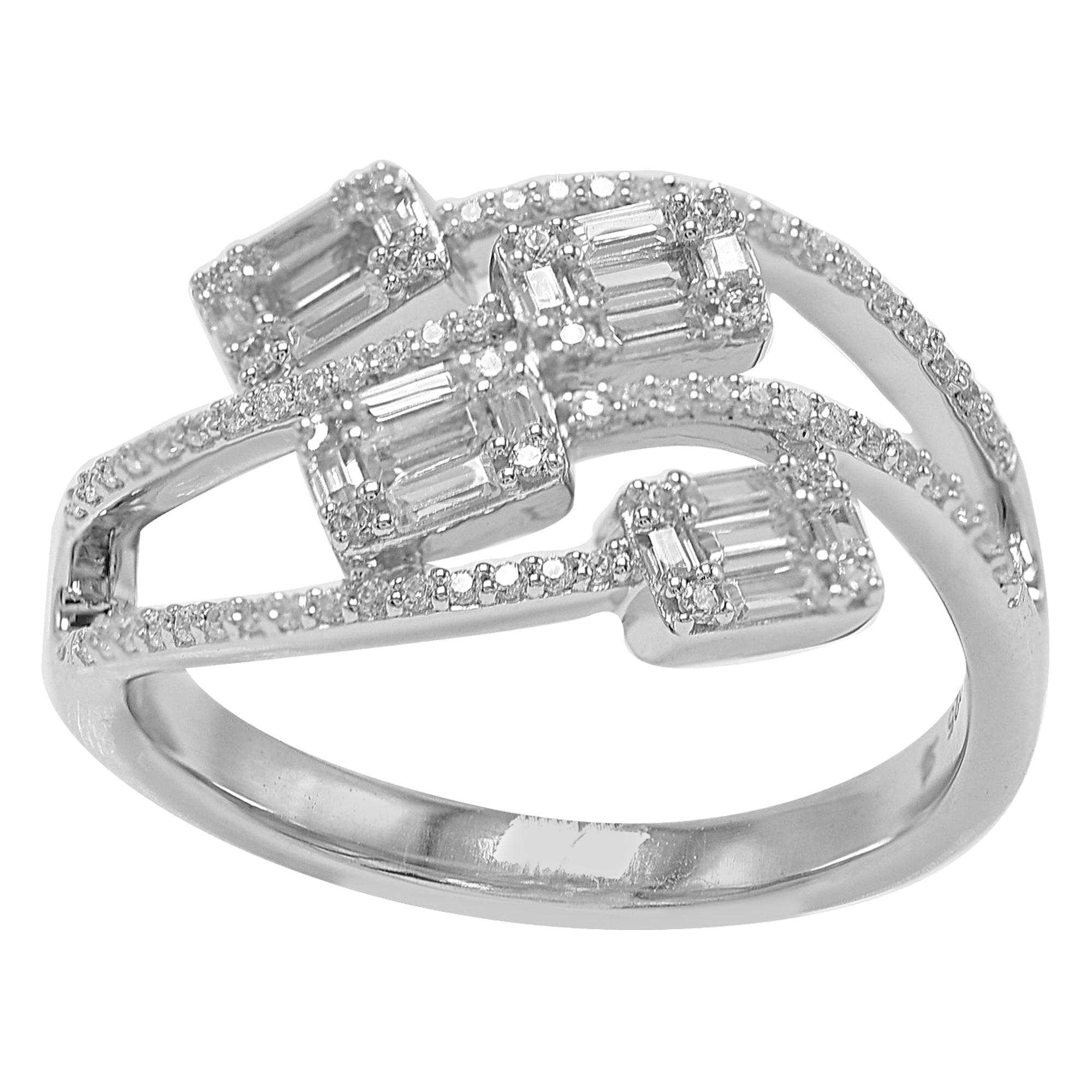 TJD 0.50 Carat Round & Baguette Diamond 14 Karat White Gold Designer Bypass Ring For Sale