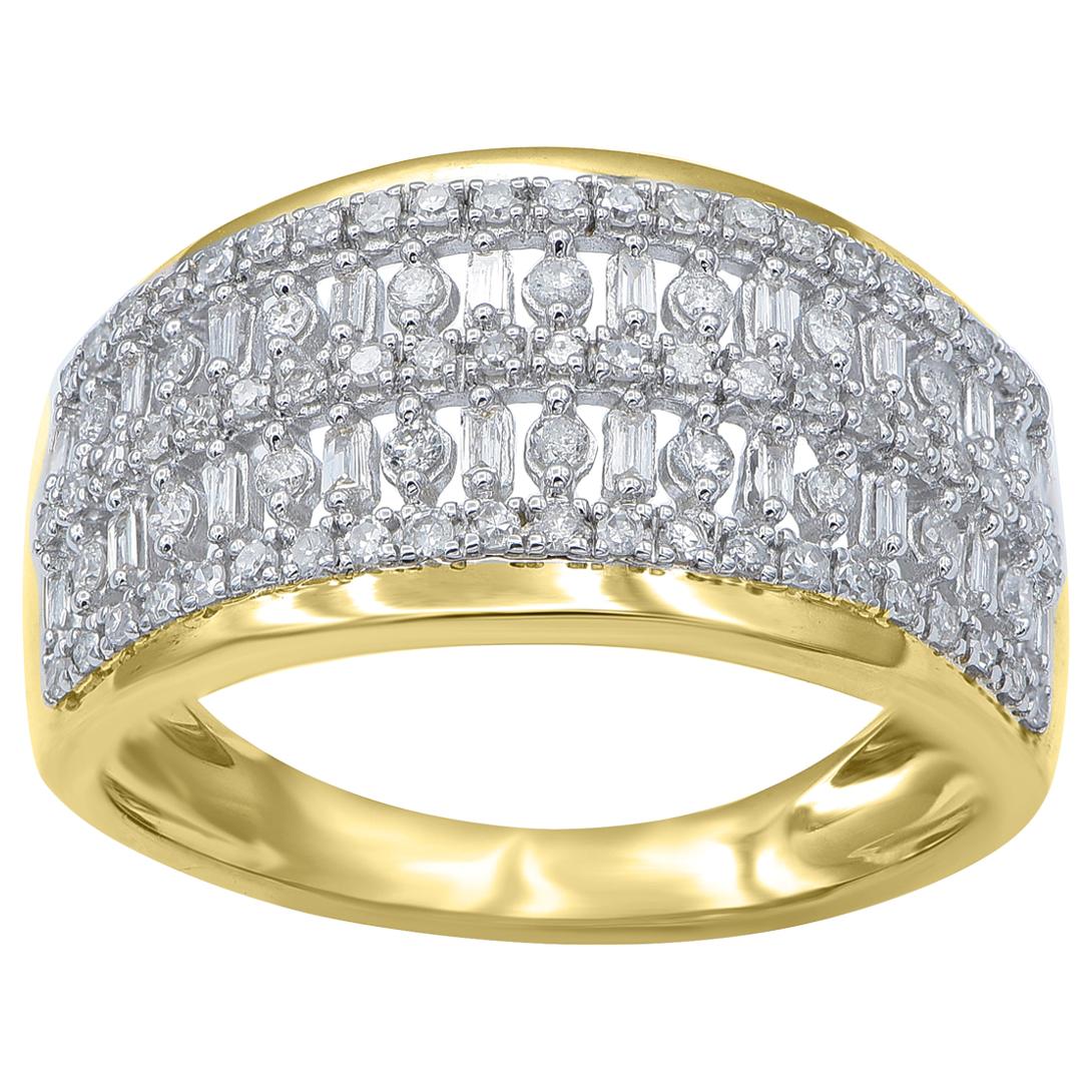 TJD 0.50 Carat Round & Baguette Diamond 14 Karat Yellow Gold Multi-row Dome Ring For Sale