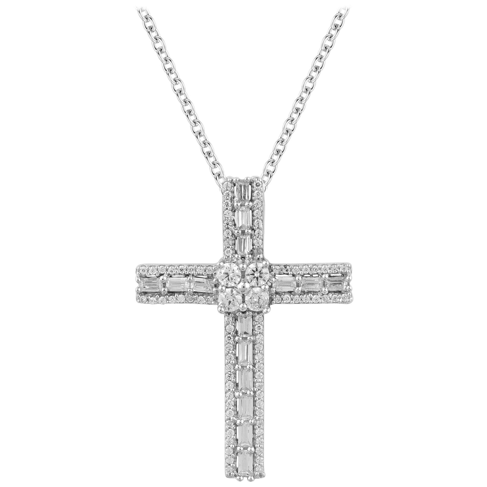 Pendentif croix religieux en or blanc 14 carats avec diamants ronds et baguettes de 0,50 carat TJD