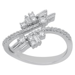 TJD 0.50 Carat Round and Baguette Diamond 14Karat White Gold Bypass Fashion Ring