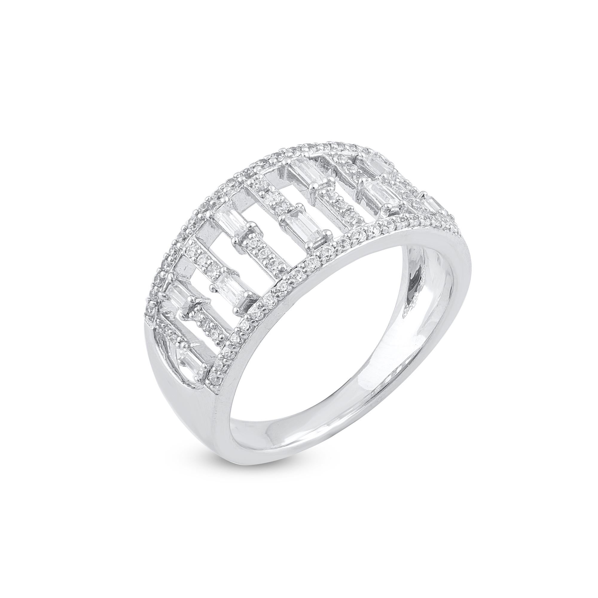 Bring charm to your look with this diamond ring. The ring is crafted from 14-karat gold in your choice of white, rose, or yellow, and features Round Brilliant 69 and Baguette - 9 white diamonds, Prong set, H-I color I2 clarity and a high polish
