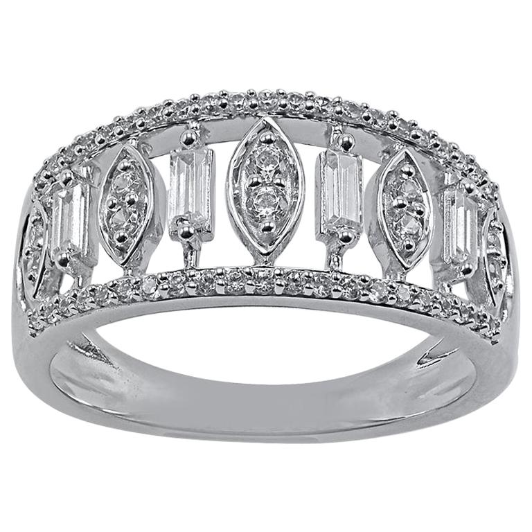 TJD 0.50 Carat Round and Baguette Diamond 14 Karat White Gold Wedding Band Ring For Sale