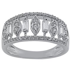 TJD 0.50 Carat Round and Baguette Diamond 14 Karat White Gold Wedding Band Ring
