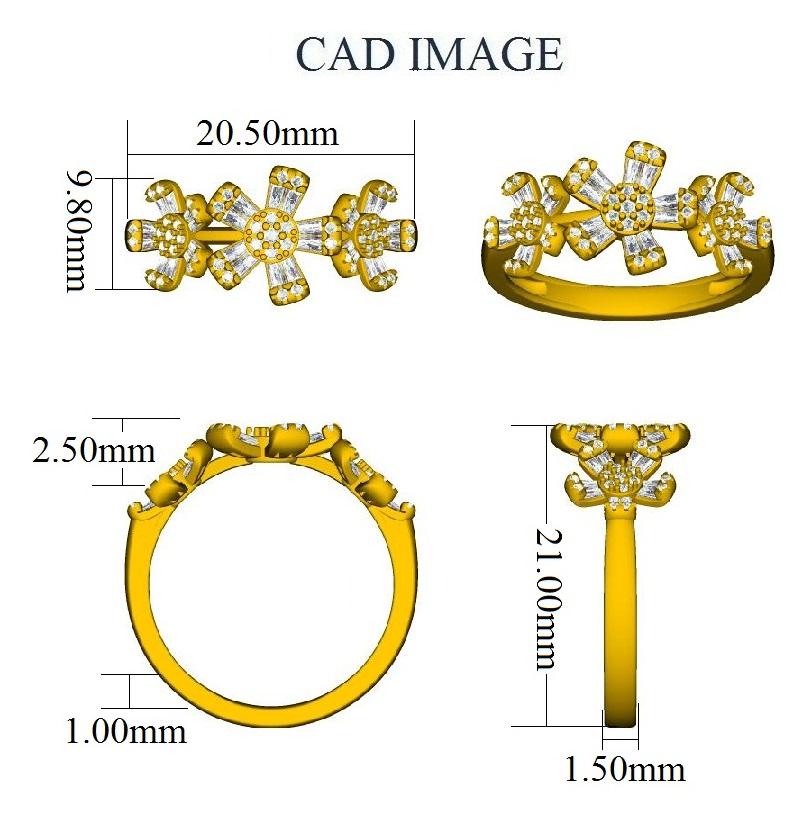 Bringen Sie Charme in Ihren Look mit diesem floral geformten Diamantring. Der Ring ist aus 14-karätigem Gold in Weiß-, Rosé- oder Gelbgold gefertigt und verfügt über runde Brillanten (51) und Baguette-Diamanten (30) in weißer Farbe, Mikrozacken- und