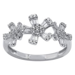TJD 0.50 Carat Round Brilliant and Baguette Diamond 14KT White Gold Floral Ring