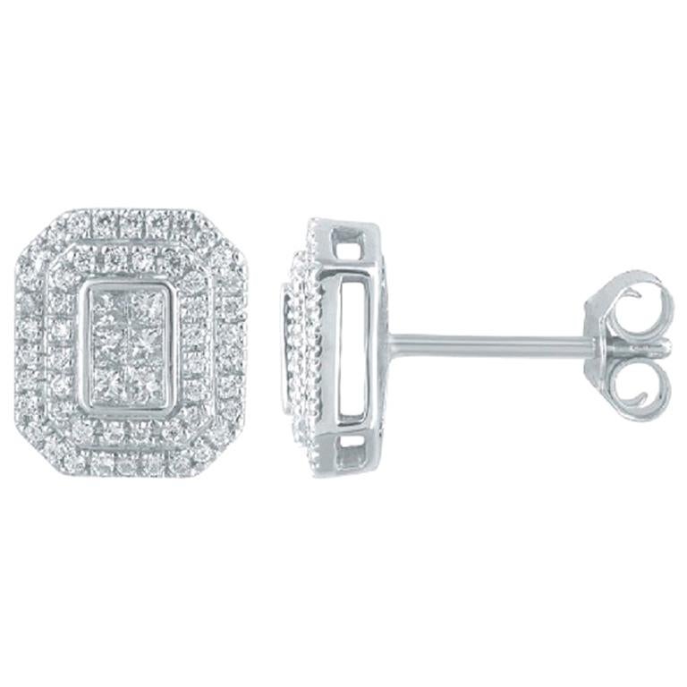 TJD 1/2Carat Round & Princess cut Diamond 14K White Gold Rectangle Stud Earrings