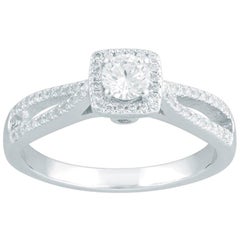 TJD 0.50 Carat Natural Round Diamond 18K White Gold Square Halo Engagement Ring
