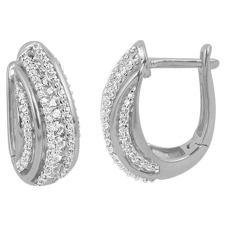 TJD 0.50 Carat Round Diamond 14K White Gold Fashion Huggie Hoop Earrings For Sale