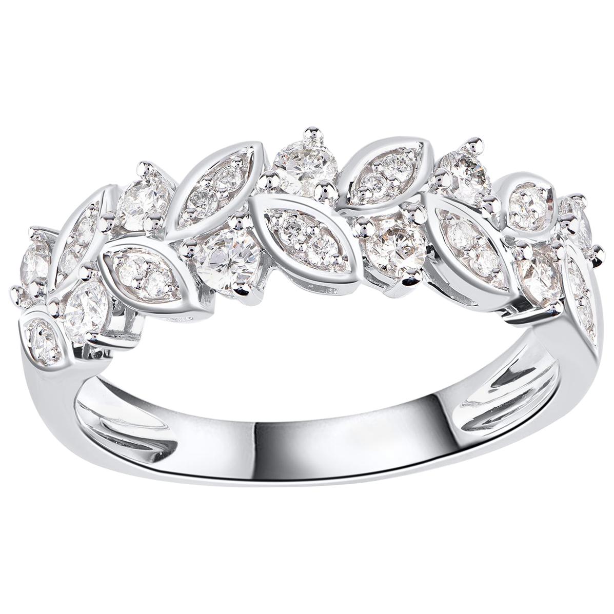 TJD 0.50 Carat Round Diamond 14 Karat White Gold Leaf Petal Wedding Band Ring
