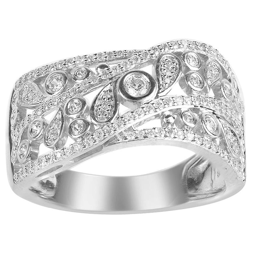 TJD 0.50 Carat Round Diamond 14 Karat White Gold Wave Wedding Band Ring