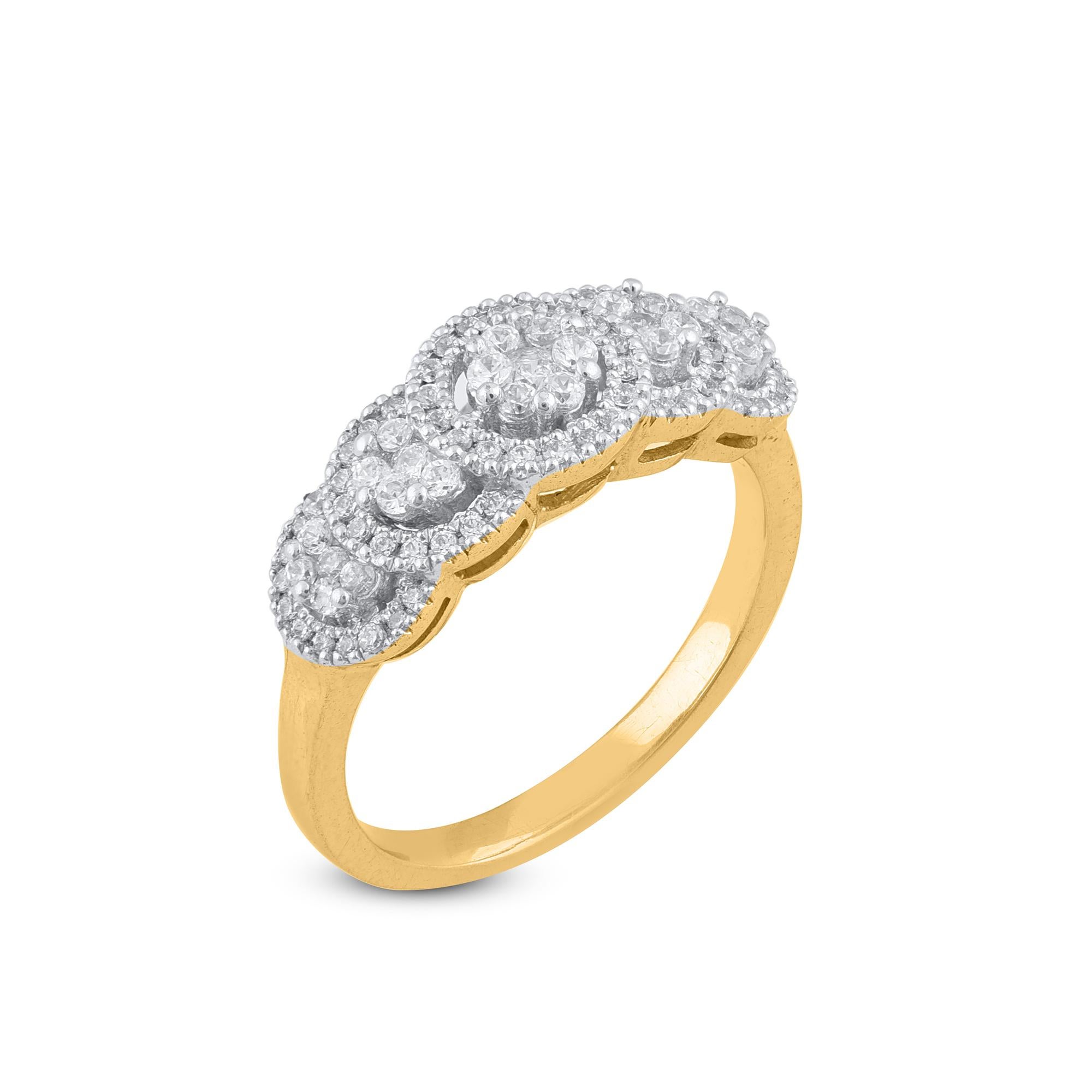 This Wide Wedding Band Ring is expertly crafted in 14 Karat Yellow Gold and features 89 Round cut White diamonds set in a beautiful design in pressure and prong setting, H-I color I2 clarity. This wedding ring has high polish finish and is a