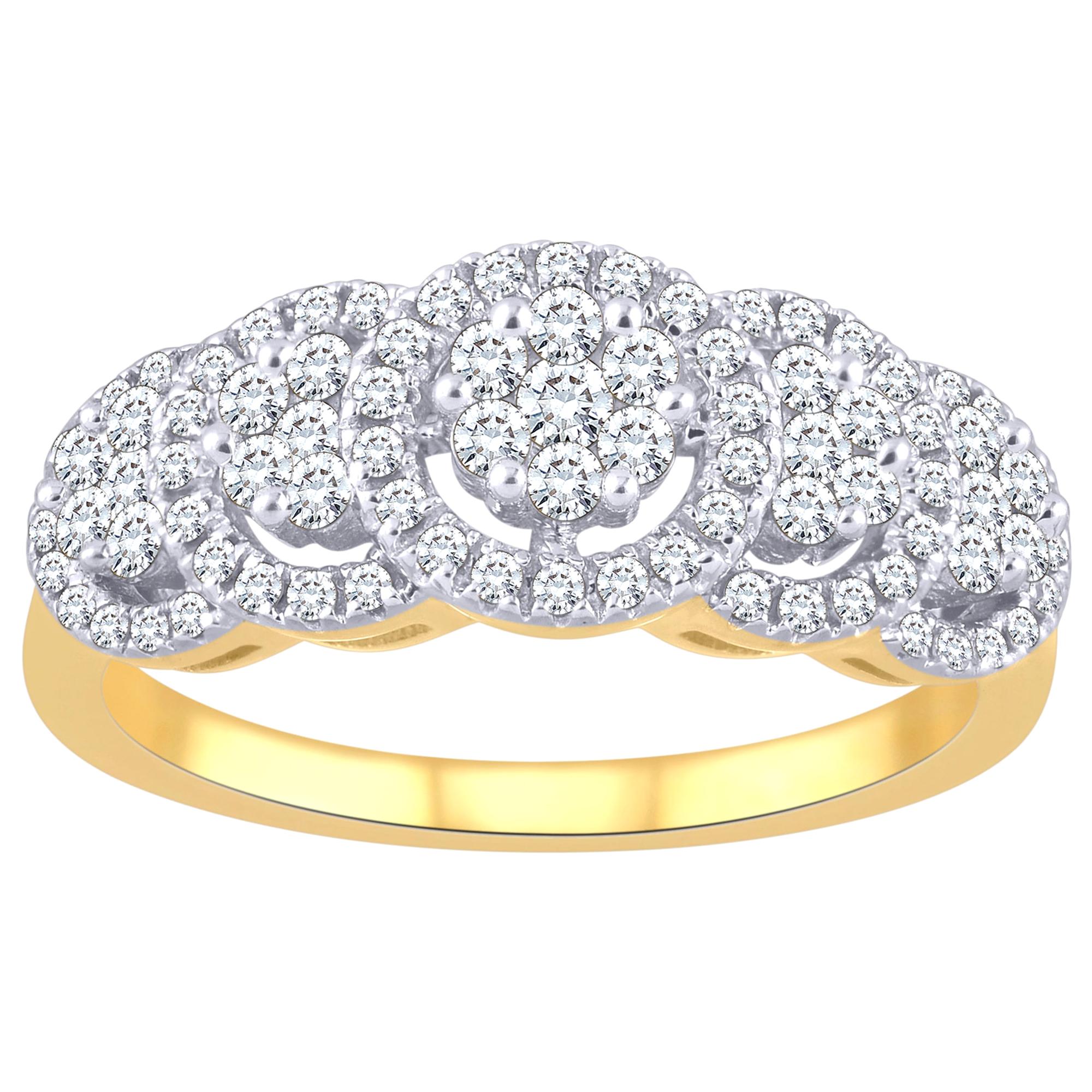 TJD 0.50 Carat Round Diamond 14 Karat Yellow Gold Halo 5 Cluster Designer Ring