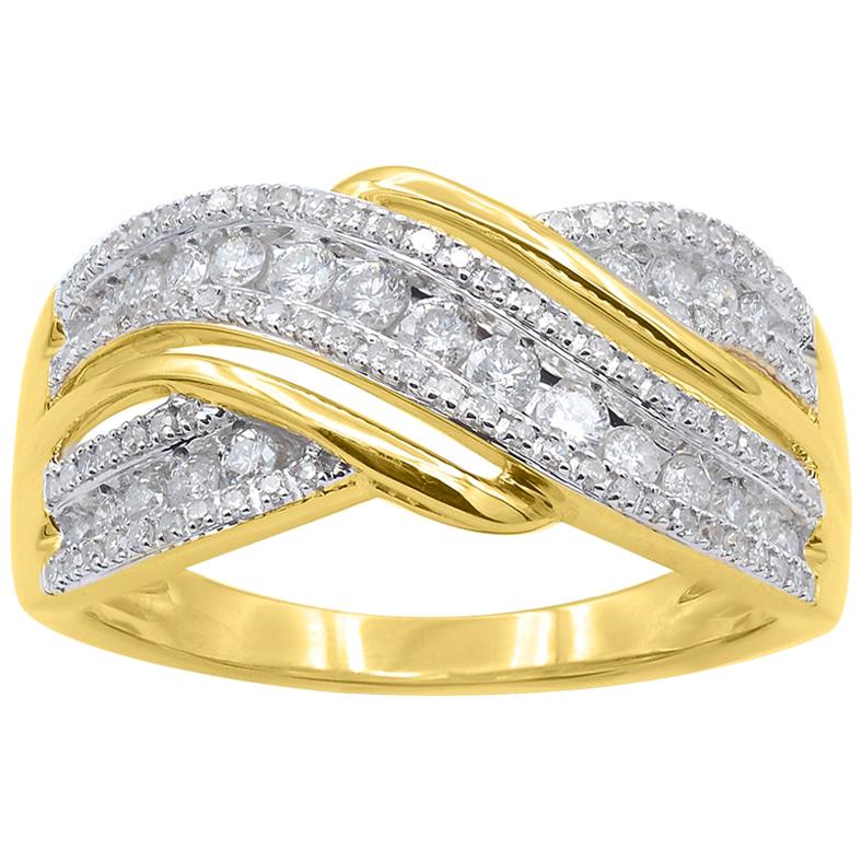 TJD 0.50 Carat Round Diamond 14 Karat Yellow Gold Cross-over Wedding Band Ring