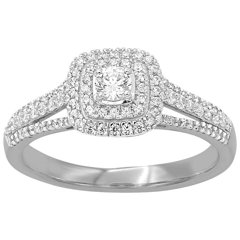 TJD 0.50 Carat Round Diamond 14 Karat White Gold Square Shaped Engagement Ring