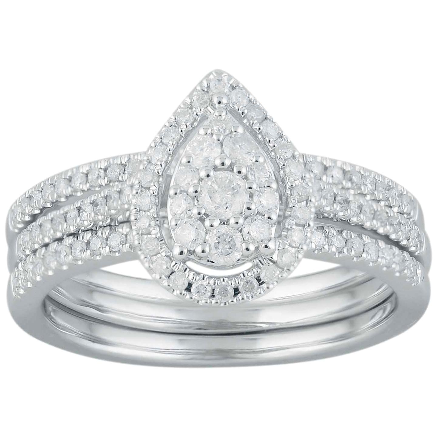 TJD 0.50 Carat Round Diamond 14 Karat White Gold Pear Shape Stackable Bridal Set For Sale