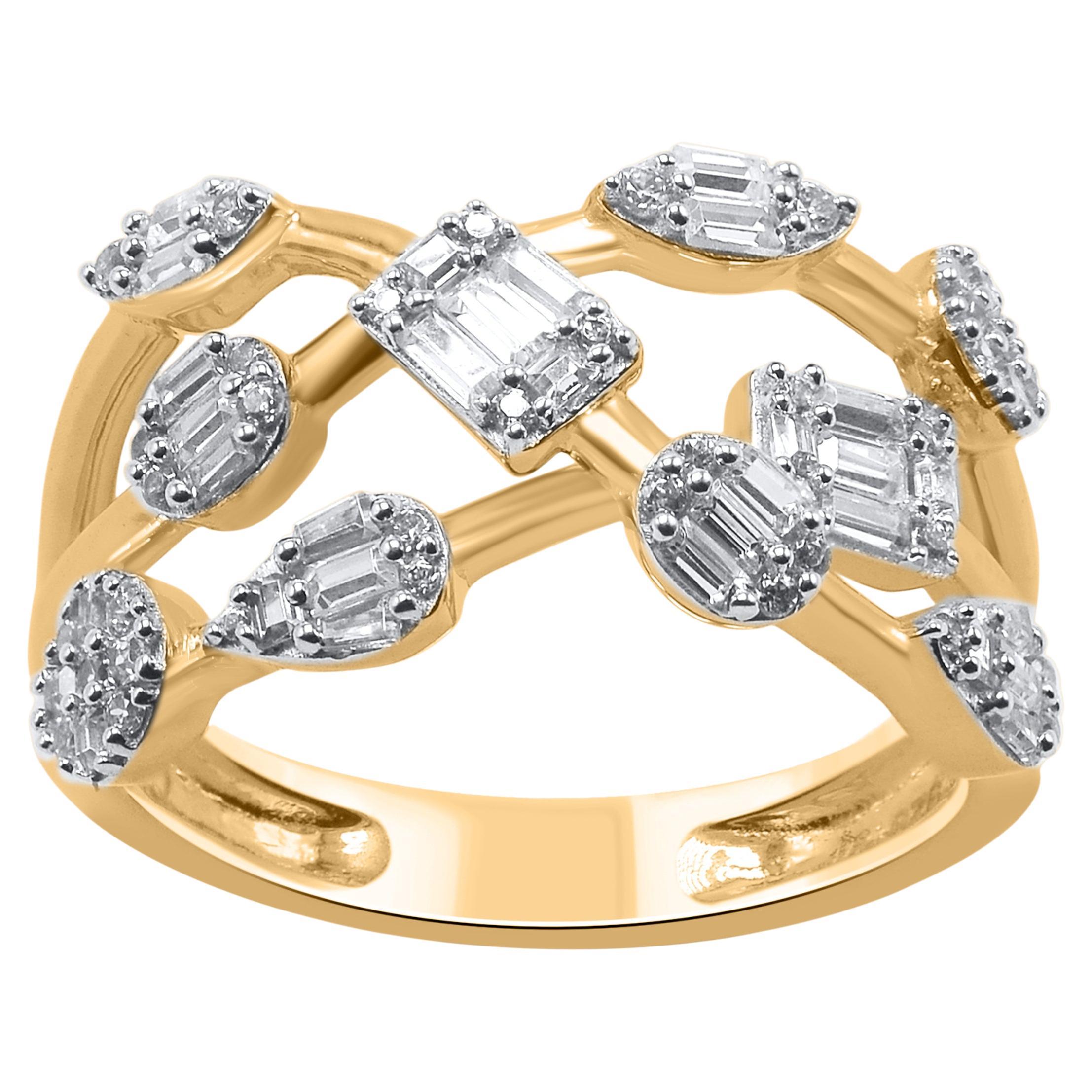 TJD 0,50 Karat Rundschliff Diamant 14 Karat Gelbgold Crossover Ehering im Angebot