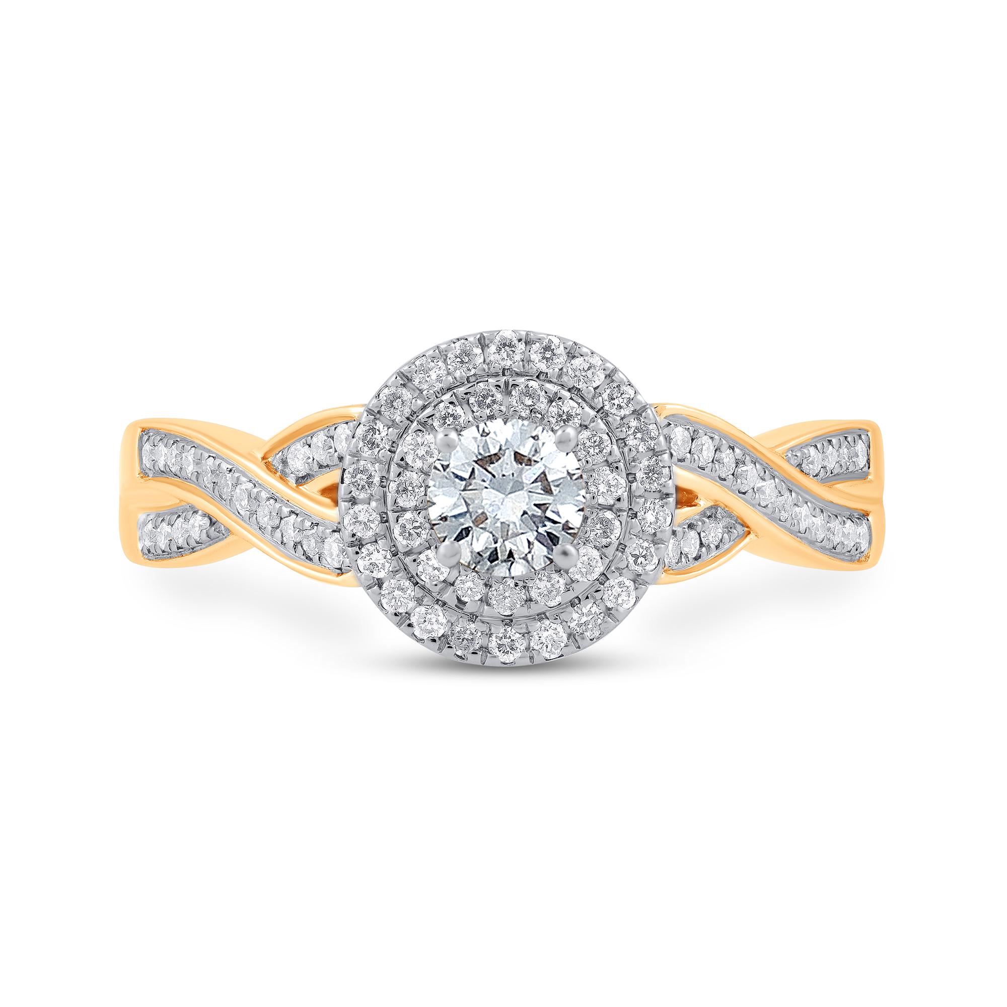 Stunning and classic, this diamond ring is beautifully crafted in 14 karat Solid yellow gold. The engagement ring features 0.50 ct of diamond frame and twisted shank lined sparkling white diamonds set in secured bezel, prong and pave settings. The