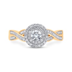 TJD 0.50 Carat Round Cut Diamond 14 Karat Yellow Gold Double Halo Wedding Ring