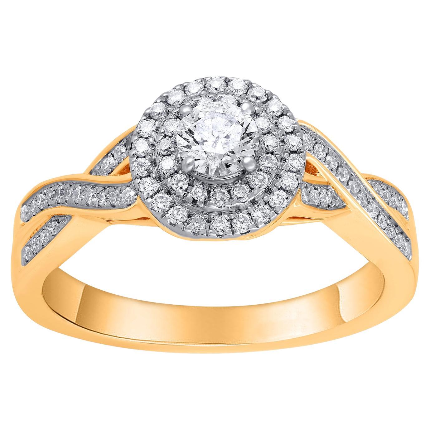TJD 0.50 Carat Round Cut Diamond 14 Karat Yellow Gold Double Halo Wedding Ring