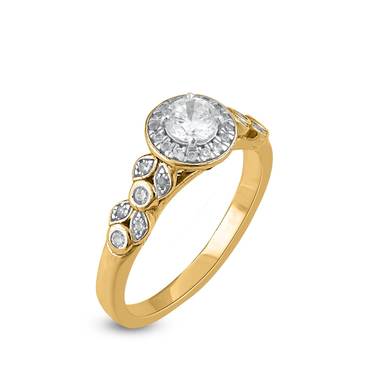 Contemporain Bague halo de diamants taille ronde de 0,50 carat en or jaune 14 carats TJD en vente