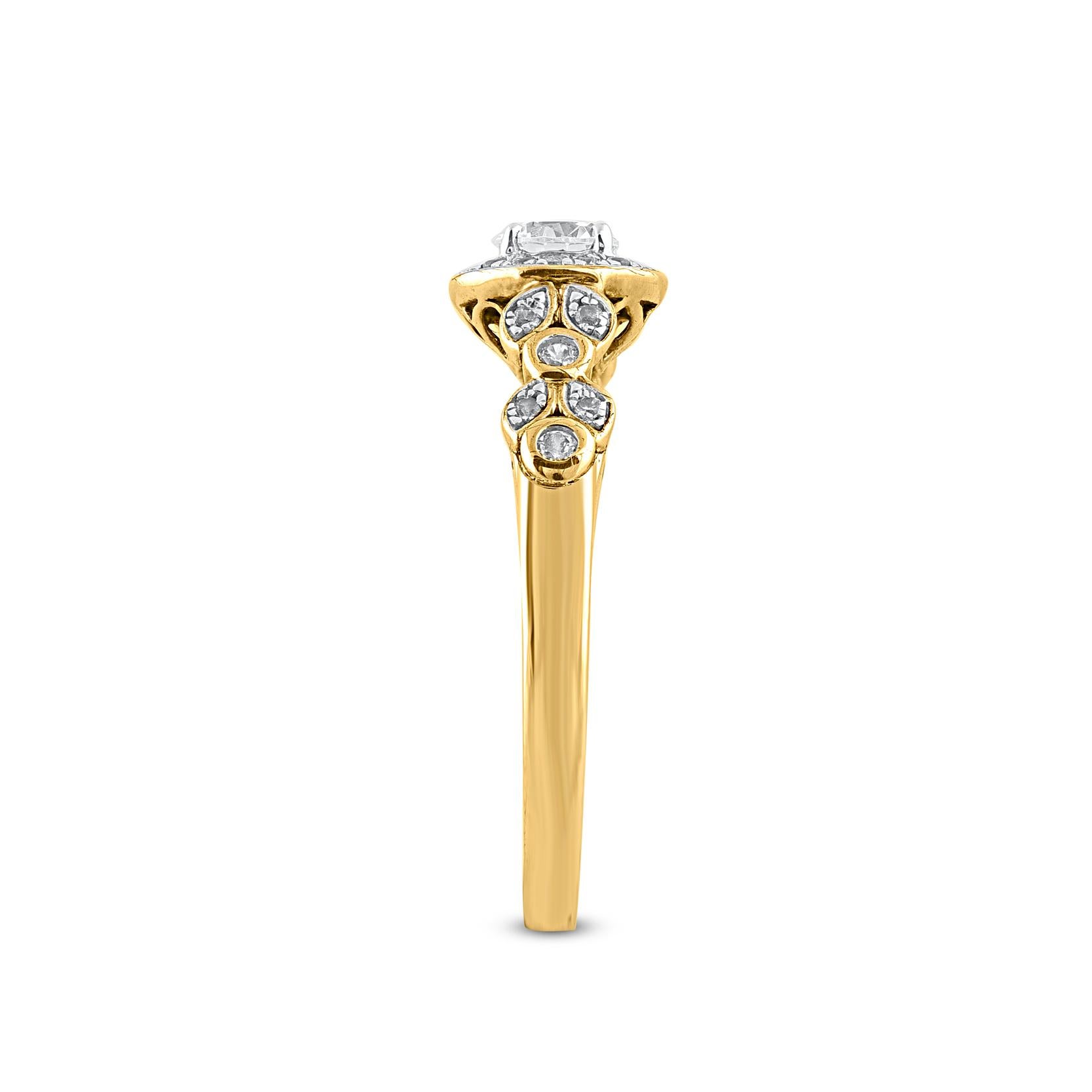 TJD 0.50 Carat Round Cut Diamond 14 Karat Yellow Gold Multi Diamond Halo Ring In New Condition For Sale In New York, NY