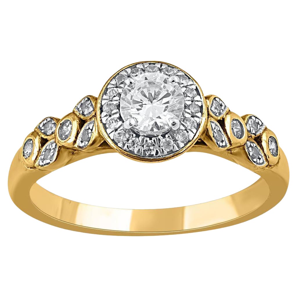 TJD 0.50 Carat Round Cut Diamond 14 Karat Yellow Gold Multi Diamond Halo Ring