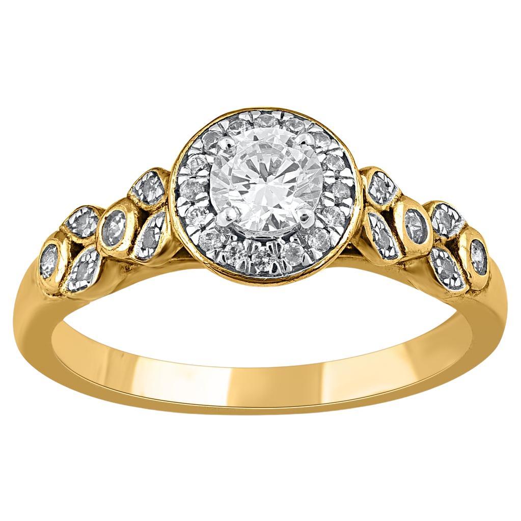 TJD 0.50 Carat Round Cut Diamond 14 Karat Yellow Gold Multi Diamond Halo Ring For Sale