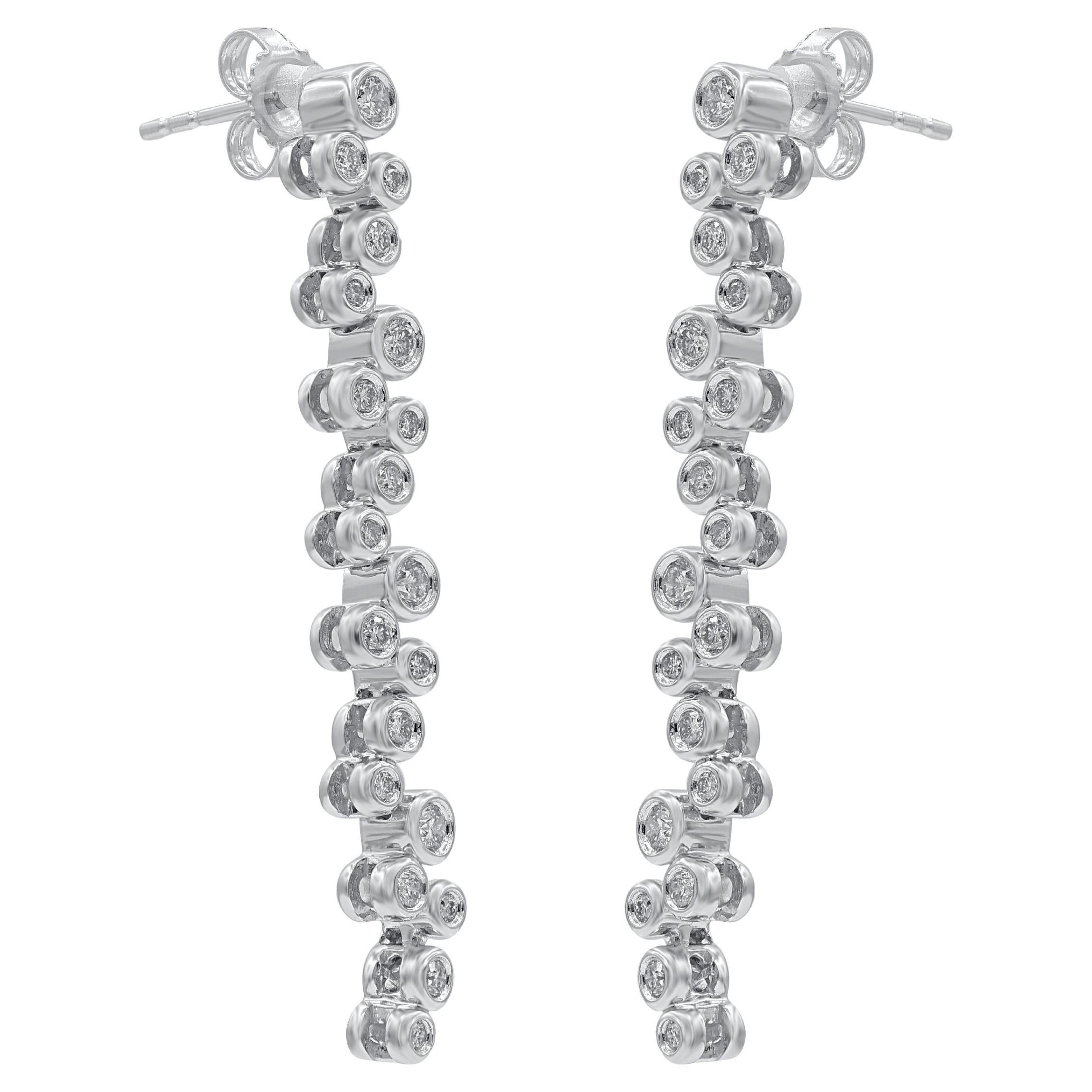 TJD 0.50 Carat Round Cut Diamond 14KT White Gold Zig Zag Dangle Earrings For Sale