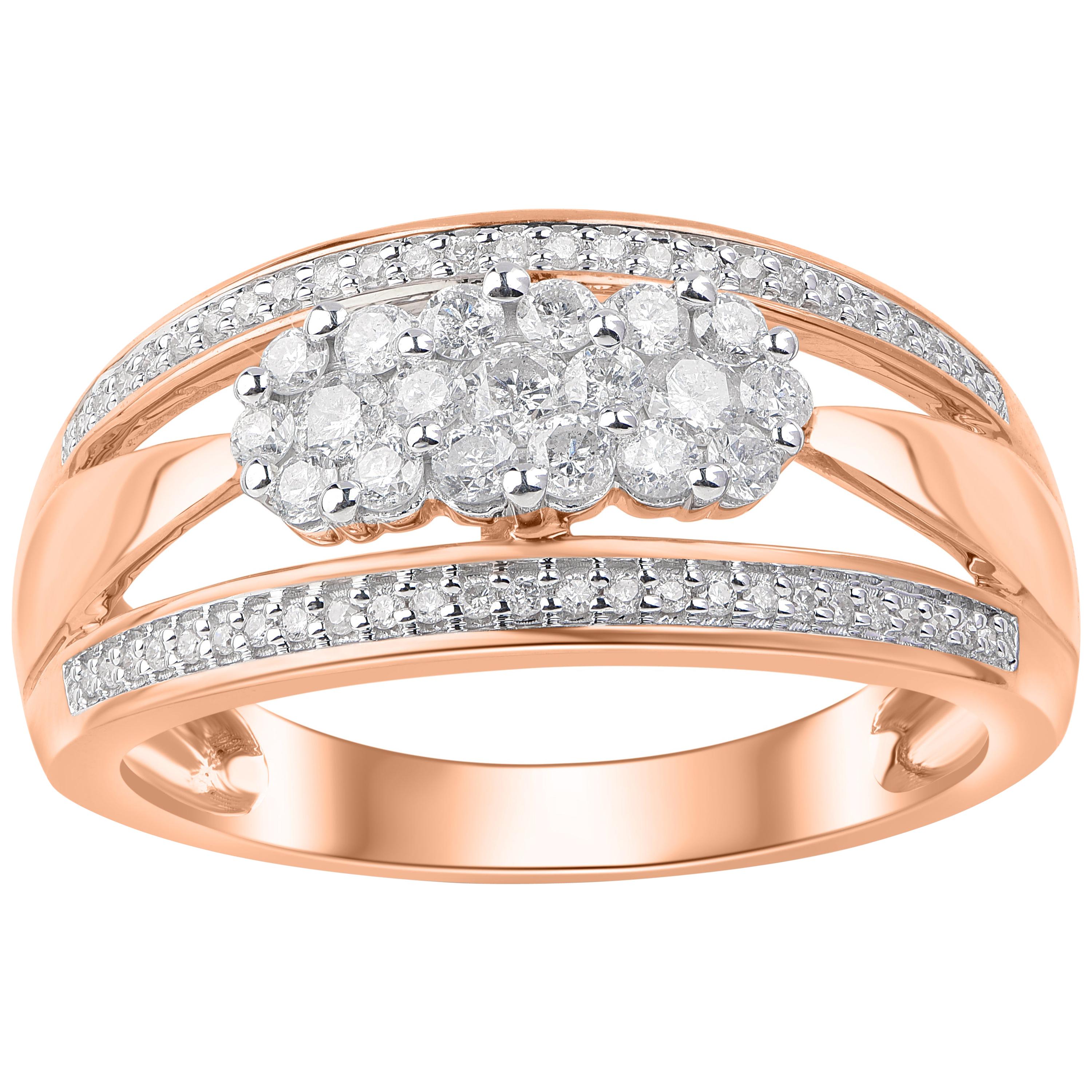 TJD 0.50 Carat Round Diamond 10 Karat Rose Gold Triple Flower Wedding Band