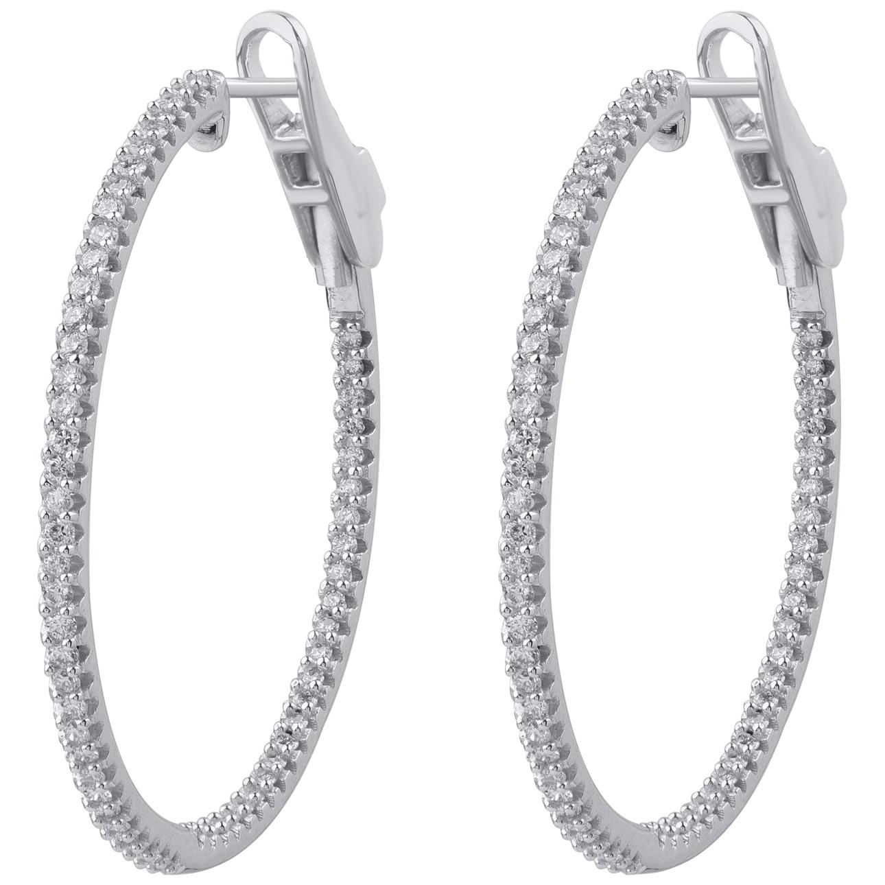 TJD 0.50 Carat Diamond 10 Karat White Gold Inside Out Classic Hoop Earrings