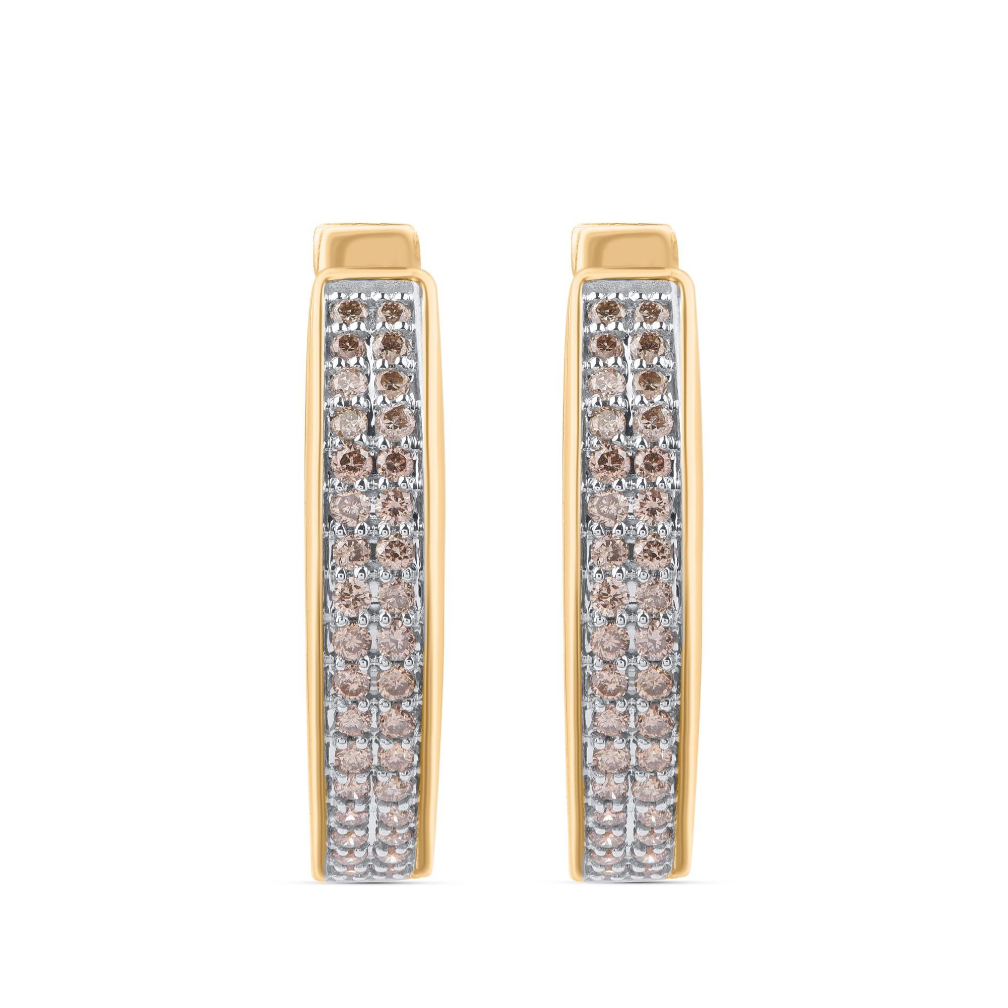 Contemporary TJD 0.50 Carat Round Diamond 10 Karat Yellow Gold Two Row Classic Hoop Earrings For Sale