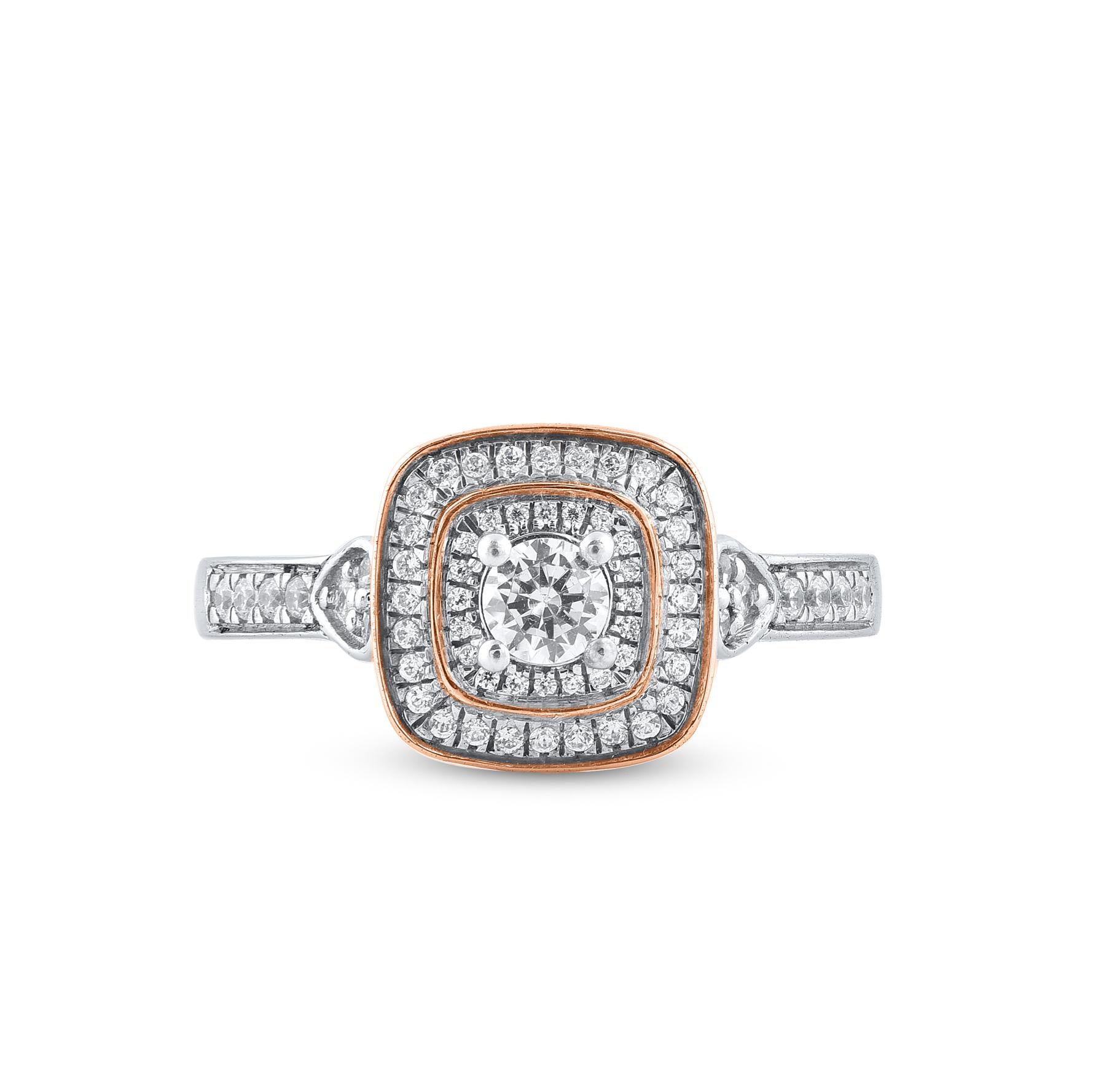 Mit diesem Verlobungsring drücken Sie Ihre Liebe zu ihr auf die klassischste Weise aus. Wunderschön von unseren Experten in 14 Karat zweifarbigem Gold gefertigt und mit 63 runden Diamanten im Brillantschliff und Einzelschliff in Zacken- und