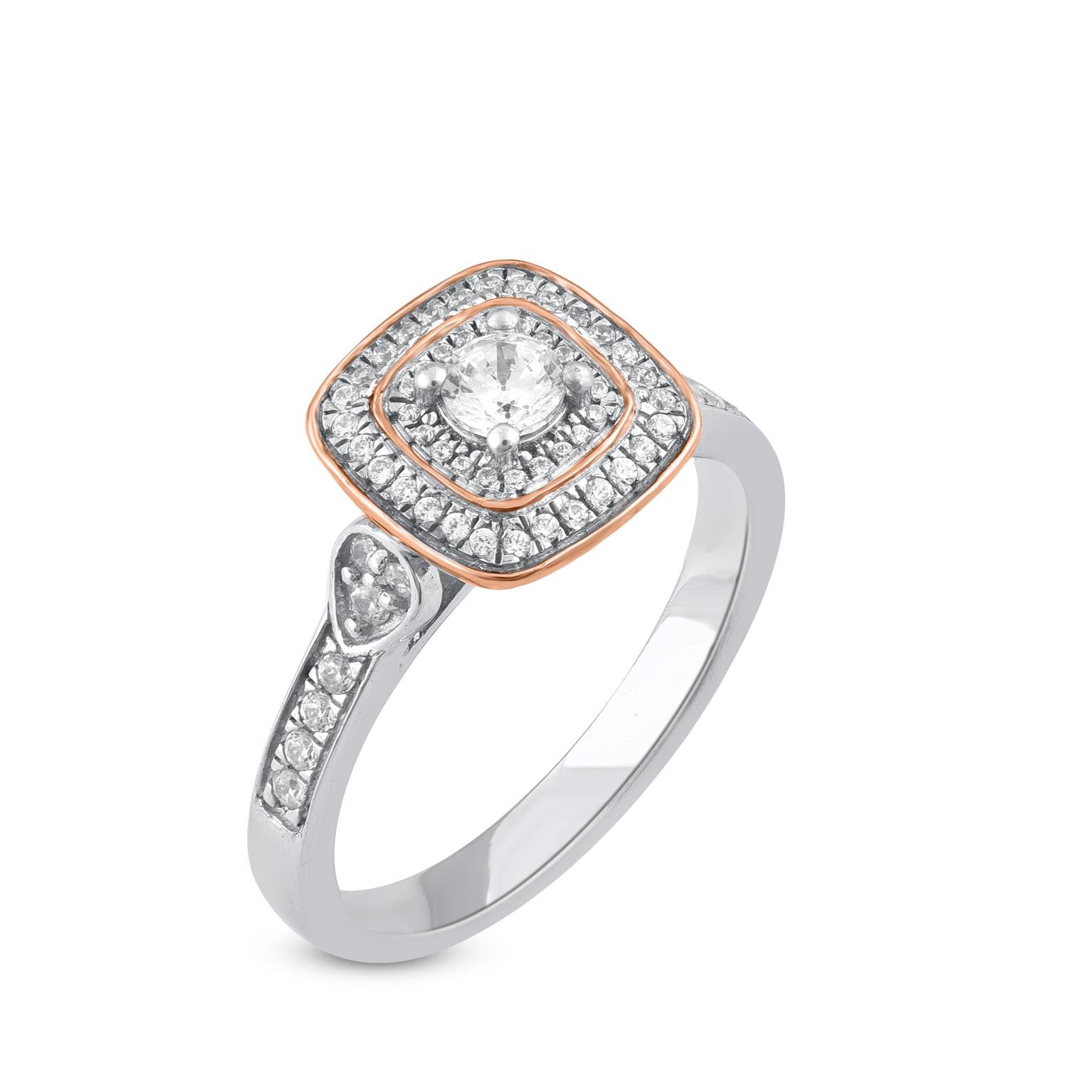 Moderne Bague de fiançailles halo en or 14 carats avec diamant rond taille coussin de 0,50 carat TJD en vente