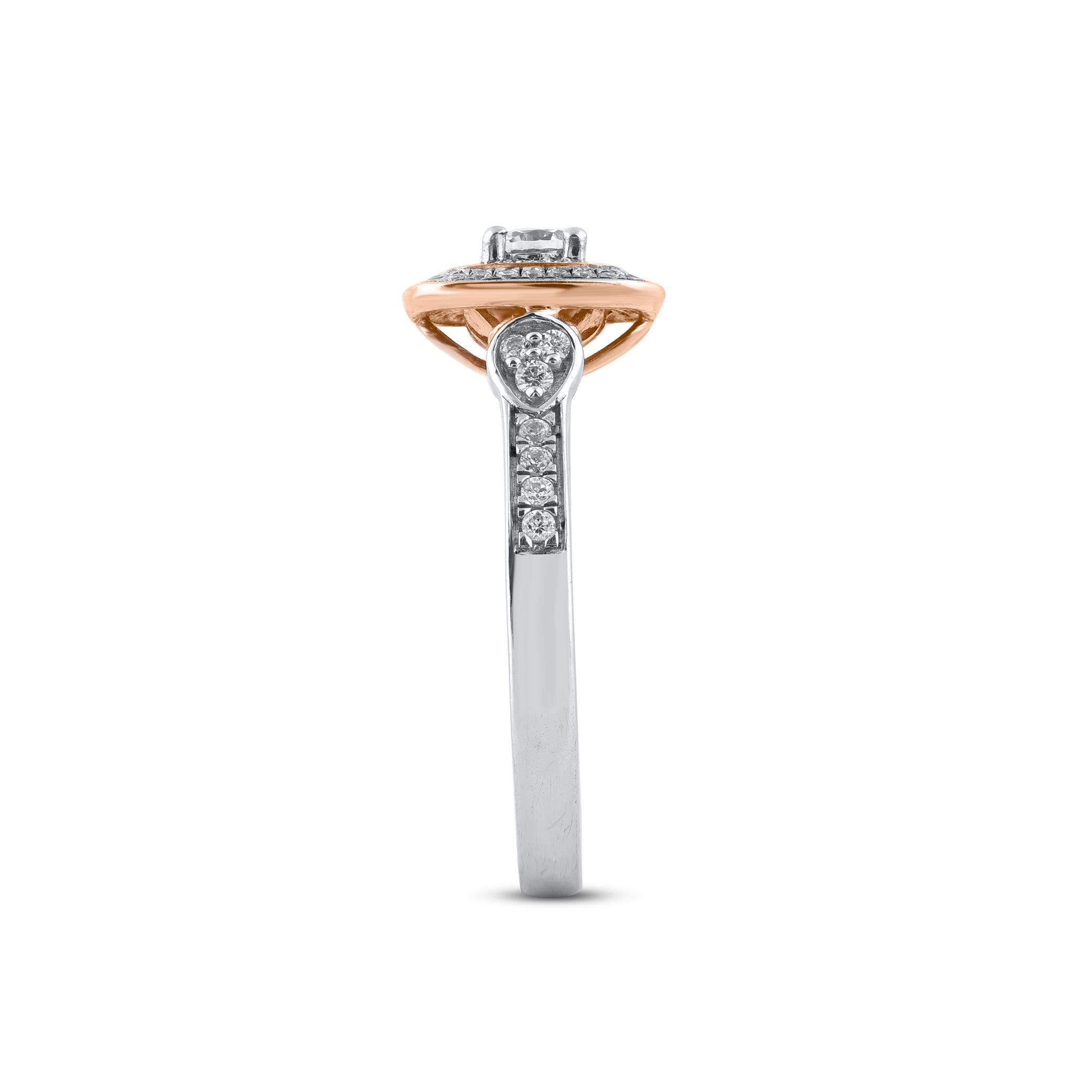 Taille ronde Bague de fiançailles halo en or 14 carats avec diamant rond taille coussin de 0,50 carat TJD en vente