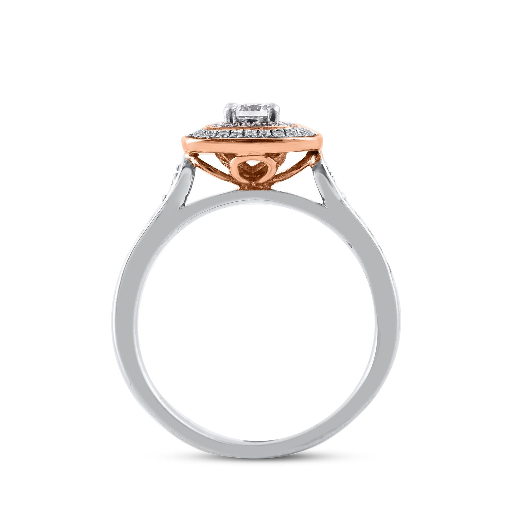 TJD 0,50 Karat Runder Diamant 14 Karat Gold Kissenform Halo Verlobungsring im Zustand „Neu“ im Angebot in New York, NY