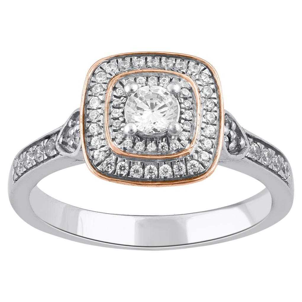 TJD 0,50 Karat Runder Diamant 14 Karat Gold Kissenform Halo Verlobungsring im Angebot