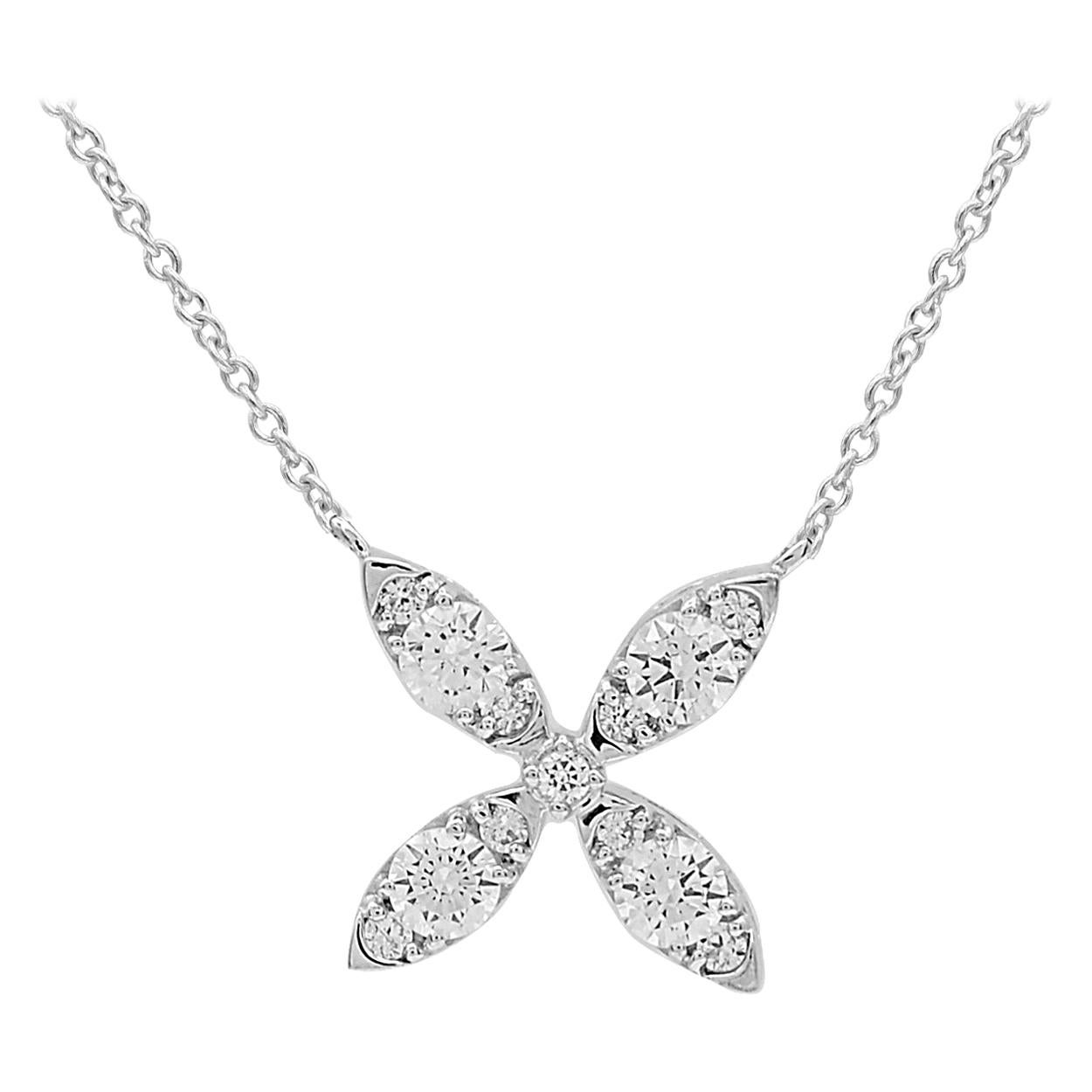 TJD 1/2 Carat Round Diamond 14Karat White Gold X Shape Floral Pendant with Chain