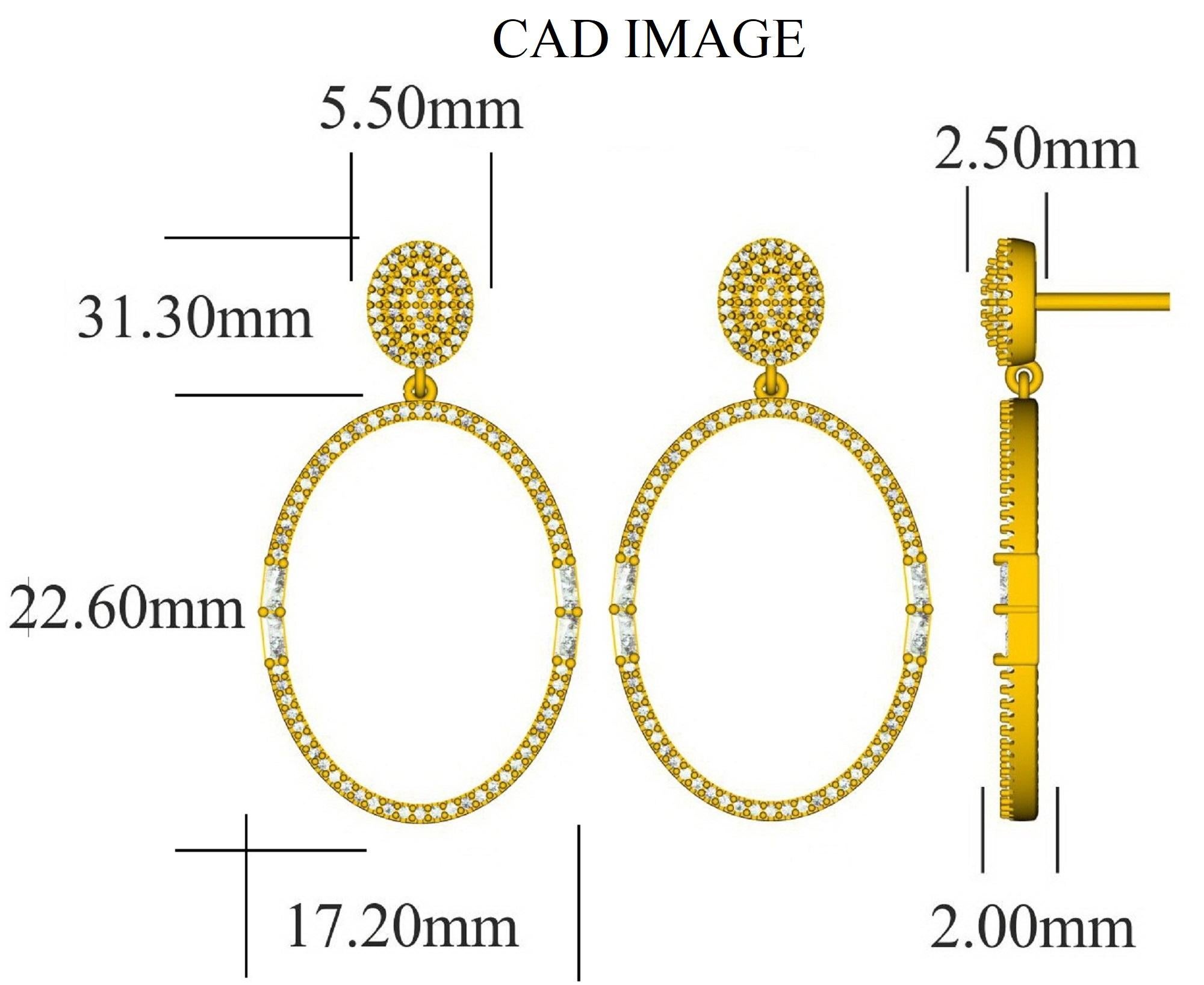 Ces exquises boucles d'oreilles pendantes en diamant rond offrent une beauté qui n'a d'égale que la sienne. Ces boucles d'oreilles sont ornées de 200 diamants ronds et de 8 diamants baguettes sertis en griffe et en griffe empilable. Ces boucles