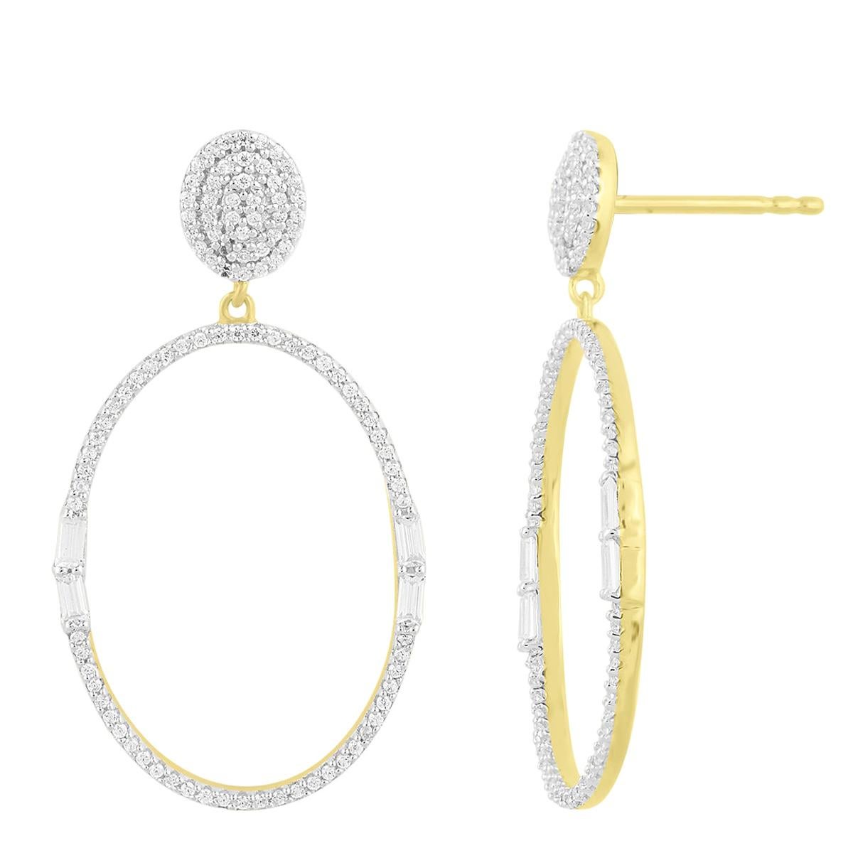 Pendants d'oreilles en goutte de forme ovale en or 14 carats avec diamants ronds et baguettes de 0,50 carat TJD en vente