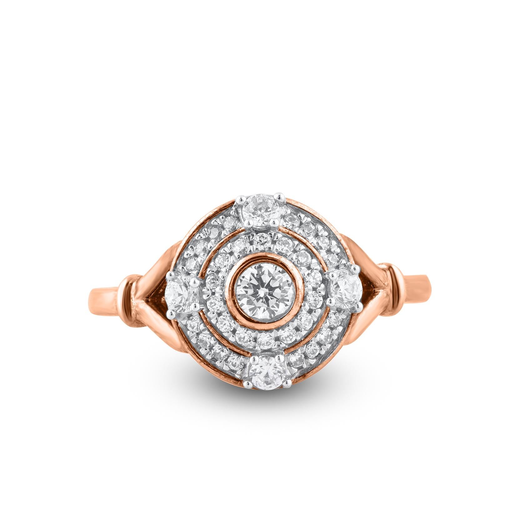 Truly exquisite, this diamond anniversary ring is sure to be admired for the inherent classic beauty and elegance within its design. These ring is crafted in 14KT rose gold, and studded with 35 single cut and brilliant cut natural diamonds in prong