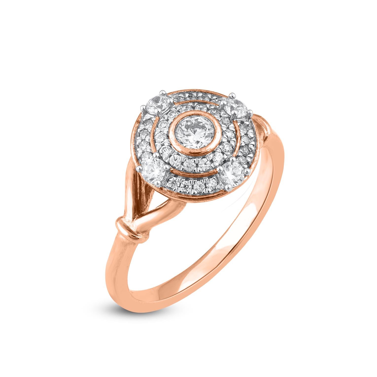 Contemporary TJD 0.50 Carat Round Diamond 14 Karat Rose Gold Double Halo Anniversary Ring For Sale